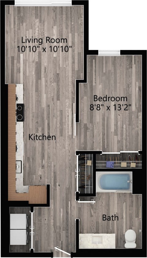 Floor plan for 1 bed, 1 bath, 659 sqft